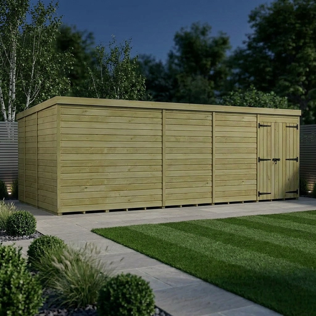 Total Sheds 19ft x 9ft Pent Garden Shed - Double Door - No Windows - Pressure Treated Timber - UK Manufactured