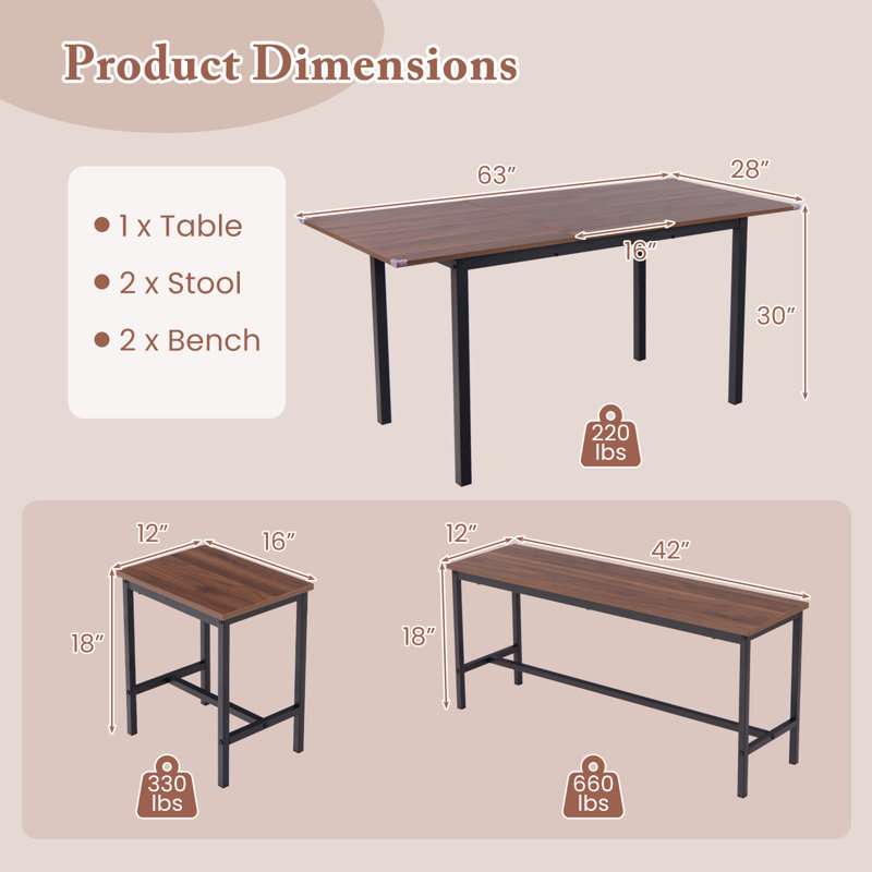 Dining Table Set 5 Piece Kitchen Table Set With Extendable Table 2 Benches & 2 Stools Space-saving Design Modern Dinette Set For Kitchen Dining Room Restaurant Accommodate 4-6 People