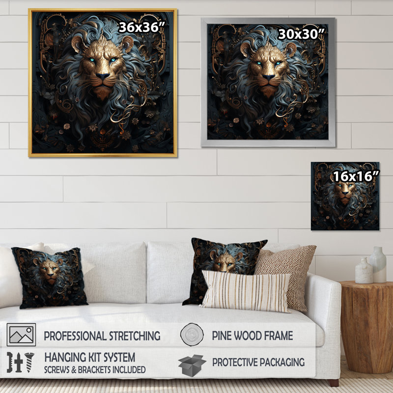 Majestic lion II - Lion, art mural, H 16 po x l 16 po x P 1 po, Cadre flottant brun