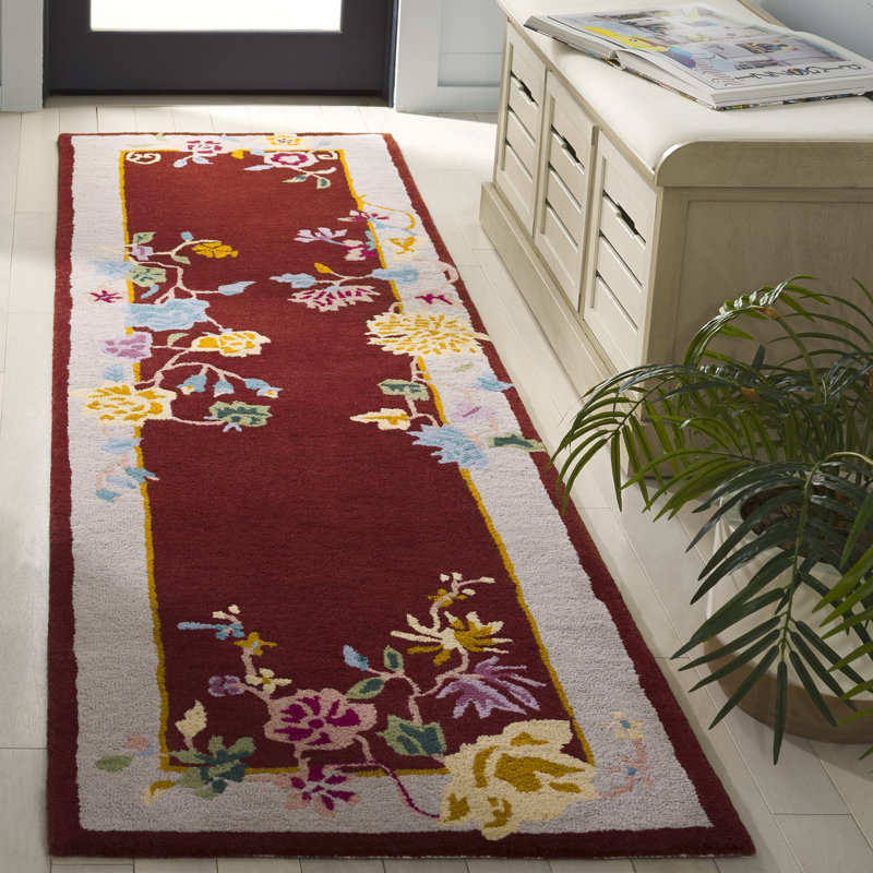 Laine touffetée à la main Metro 729; Tapis floral en coton rouille / beige, Tapis de couloir 2 pi 3 po x 8 pi