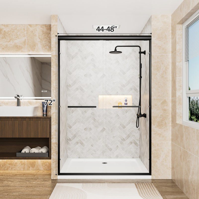 44"-48" W X 72" H Matte Black Aluminum Frame Double Sliding Shower Door, 1/4" (6Mm) Clear Tempered Glass With Explosion-Proof Film, Dual Stainless Steel Handles