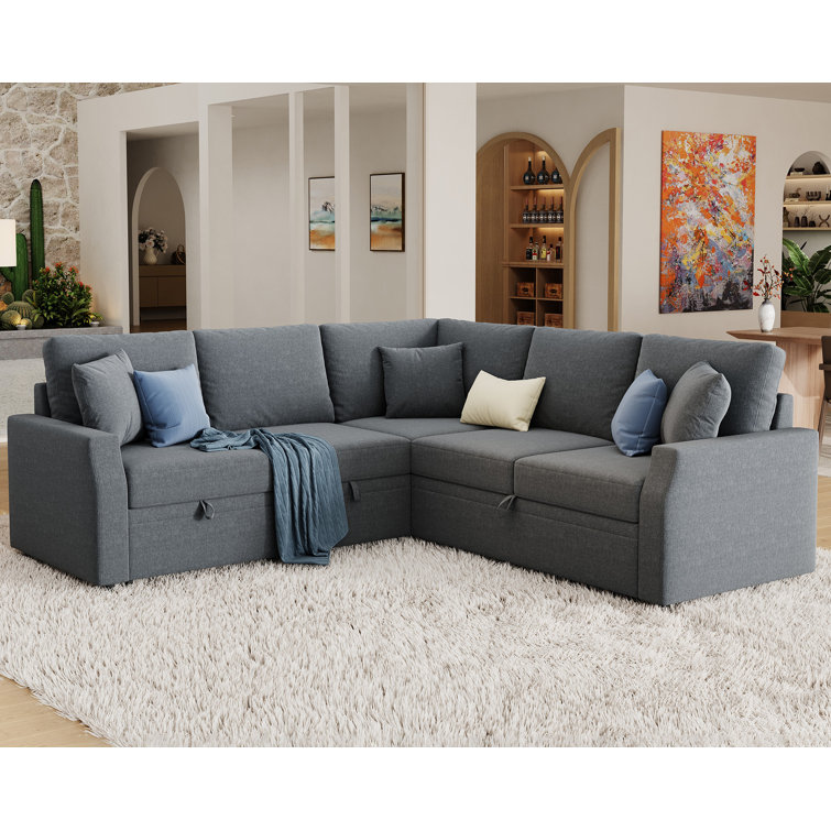 Sofa Bed, Sleeper Sofa with Pull Out Bed & Storage Seat, L Shape Sofa for Living Room, Beige Linen