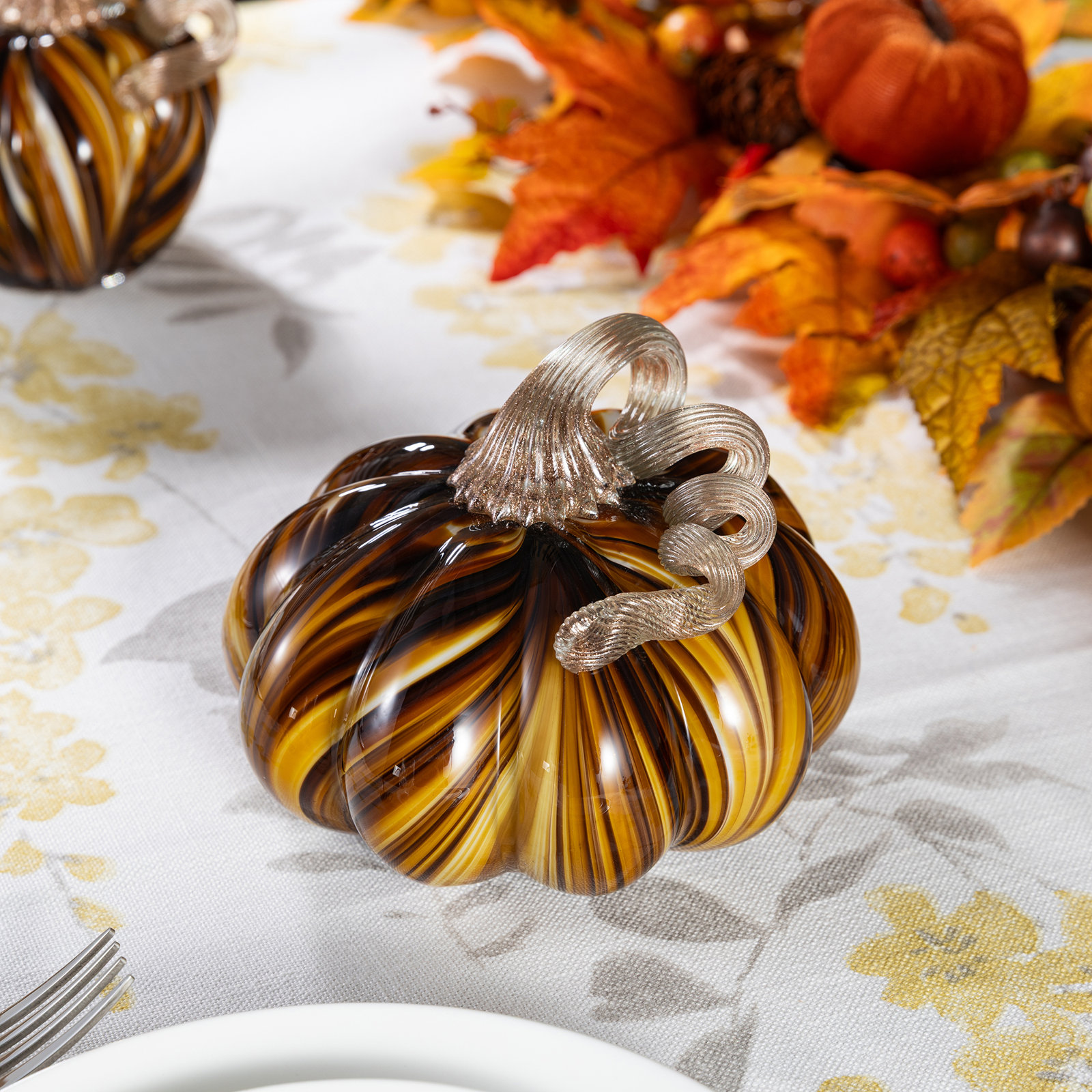 5.75"D X 4.75"H Multi Brown Striped Glass Pumpkin, Brown