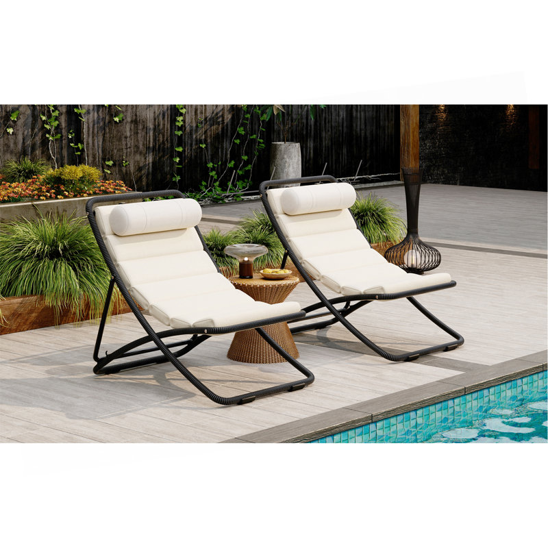 2-Pieces Outdoor Folding Chair, Rattan-Wrapped Patio Chair With Adjustable Backrest, Thick Cushion, And Detachable Headrest ,For The Poolside, Beach, Backyard, Decck, And Camping (Black)