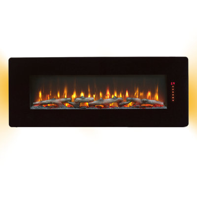 Foyer courbé 48 po - 5000 / H de chaleur, 11 réglages de température, flamme multicolore et, électrique mural / de table avec télécommande 4 couleurs, rétroéclairage, évent, thermolaqué