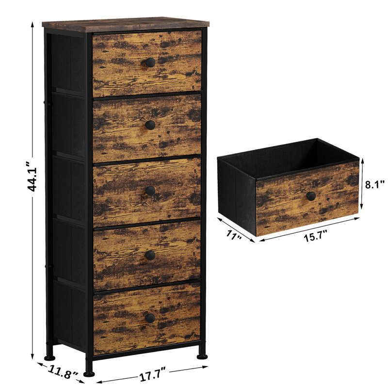 Commode Ojaswi à 5 tiroirs avec dessus en bois, commode en tissu, commode de chambre, Noir / brun rustique