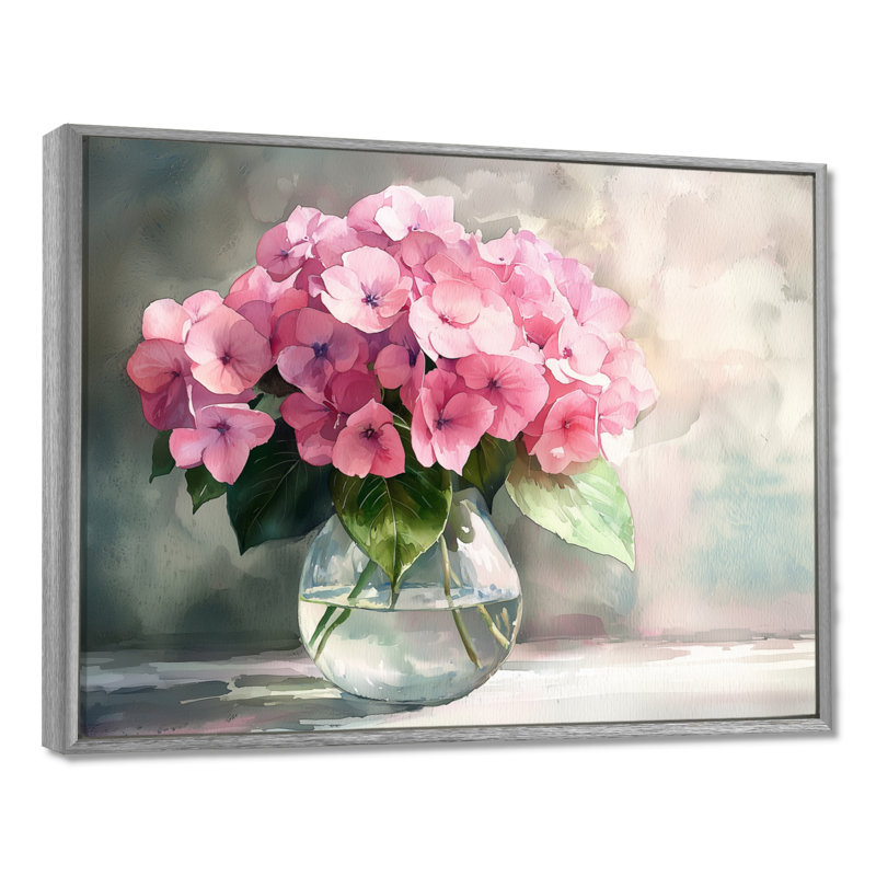 Hortensias dans un vase en verre III - hydrangées, décoration murale, H 30 po x l 40 po, Impression encadrée flottante