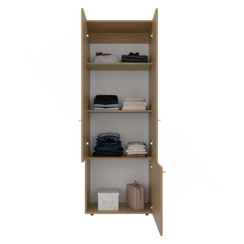 Home 3 Door Closet System With Hanging Rod For Clothes And Interior Shelves, Manufactured Wood Freestanding Bedroom Storage, Utility Room Or Laundry Room Furniture, Natural Oak