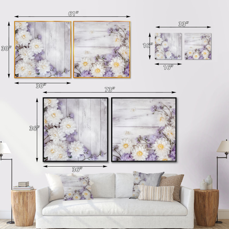 Ensemble de 2 fleurs de magnolia blanches et mauves - collage carré floral, Toile tendue, H 16 po x l 33 po