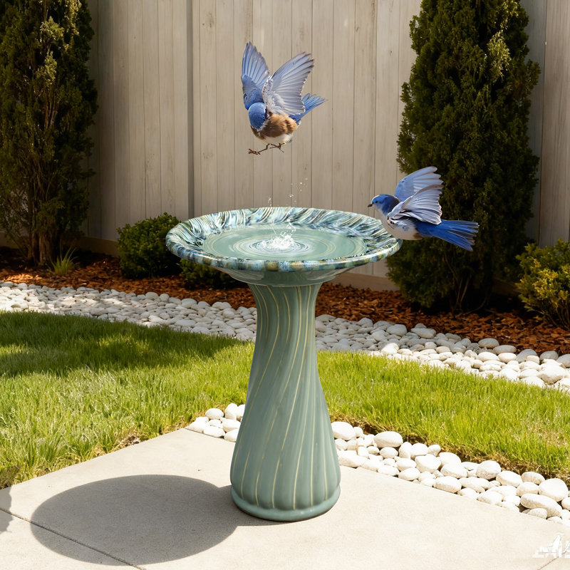 Élégant bain d'oiseaux en céramique pour l'extérieur 22,6 po avec motif de feuilles et de tourbillons, vert, Bleu, brun, vert