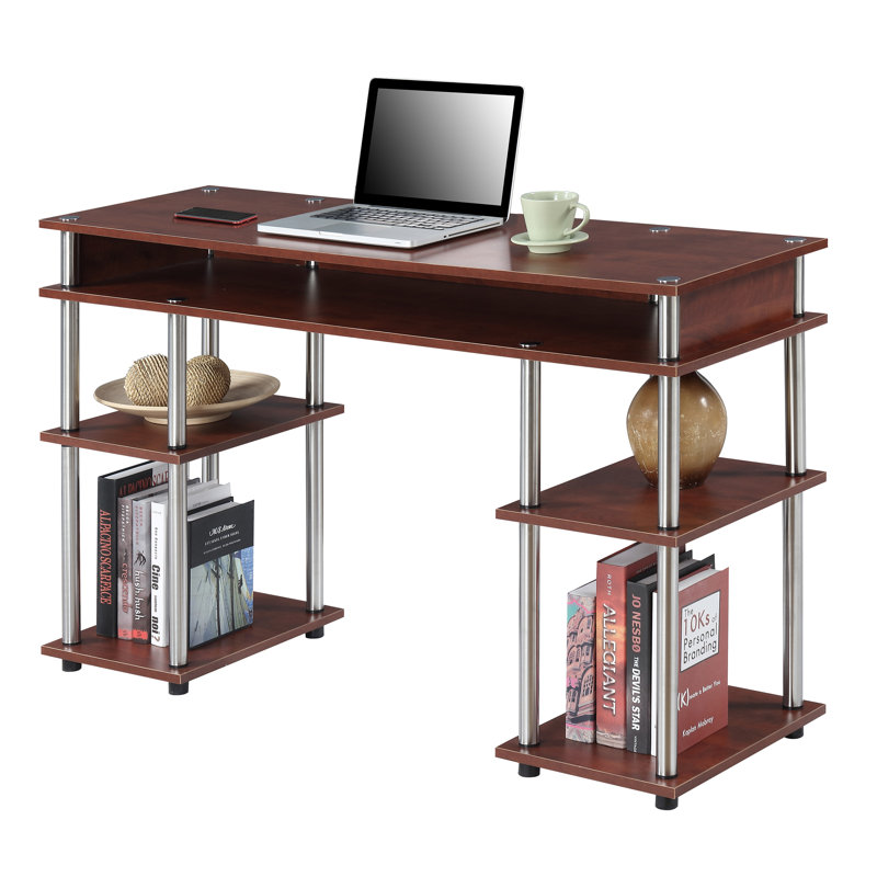 Edwin No Tools Writing Desk with Shelves, Cherry/Silver Poles