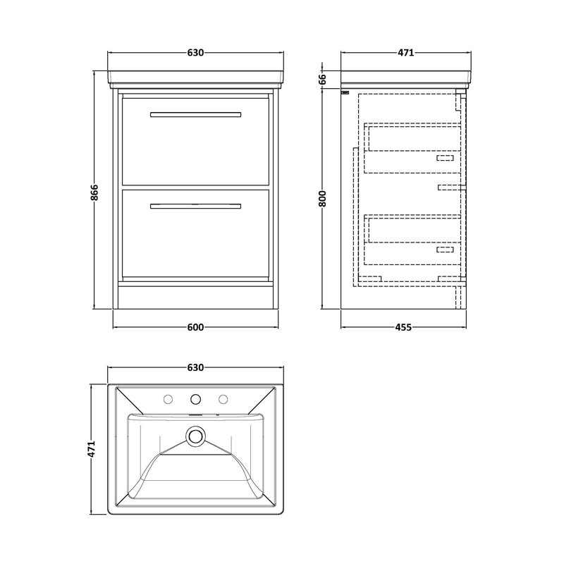 Hudson Reed Lille 600mm Fern Green 2 Drawer  Floor Standing Vanity Unit With 3 Tap Holes Fireclay Basin, Fern Green, 63cm W