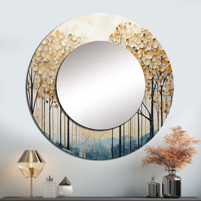 Minimalisme doré et bleu arbres scène IV - miroir d'arbres, miroir mural rond traditionnel unique, impression sur métal