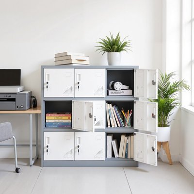 9 Doors Metal Locker, Lockable Steel Storage Cabinet, 66 lbs Loading Capacity, 2 Keys for Each Door, 3 Tiers Employee Lockers for Office, School, Gym, Easy Assembly, 90 x 45 x 94 cm, Gray