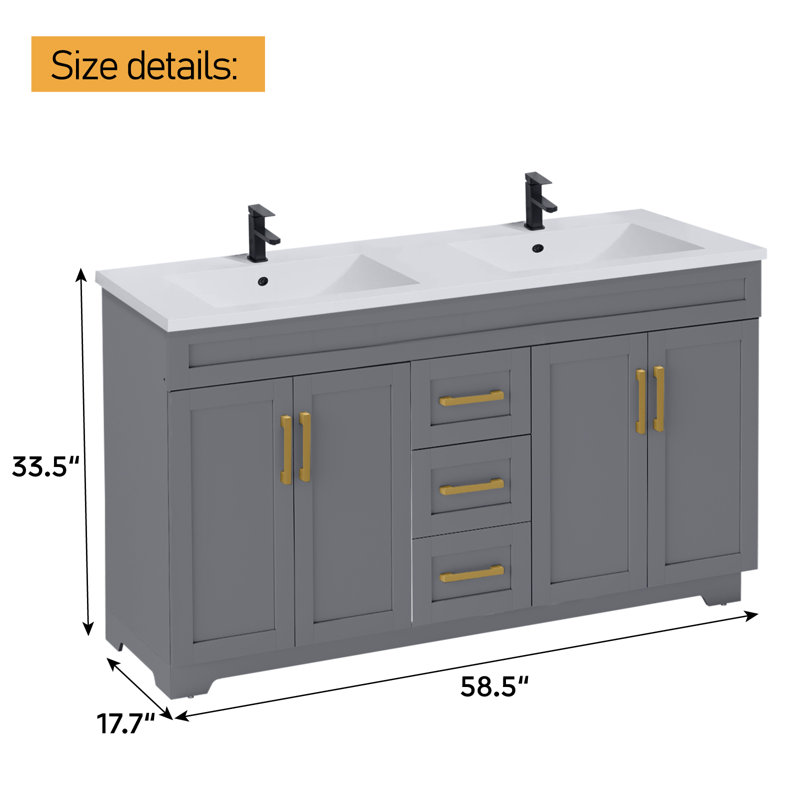 Meuble-lavabo rustique 60 po avec comptoir en résine et lavabo , Gris/doré