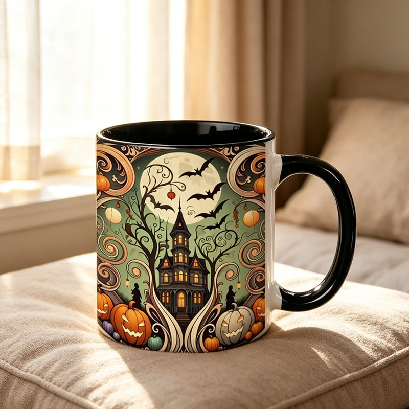 Ceramic Mug with a Gothic Victorian Design,Perfect for Halloween Celebrations, Autumn Get-Together.