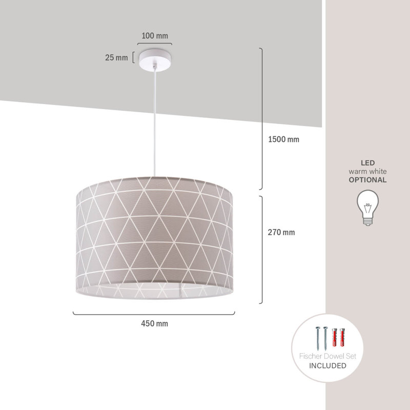 Drum pendant lamp 1-light Ishmeet, 27cm H x 45cm W x 45cm D, Grey/White