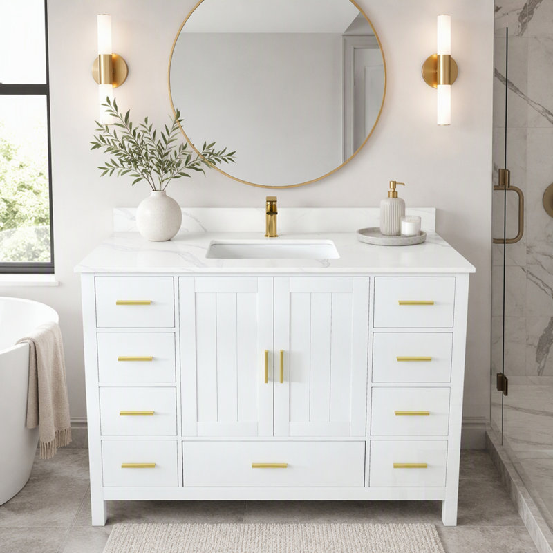 Meuble-lavabo moderne en bois massif avec plateau en quartz de Carrare, portes à fermeture douce et tiroirs spacieux pour un rangement élégant