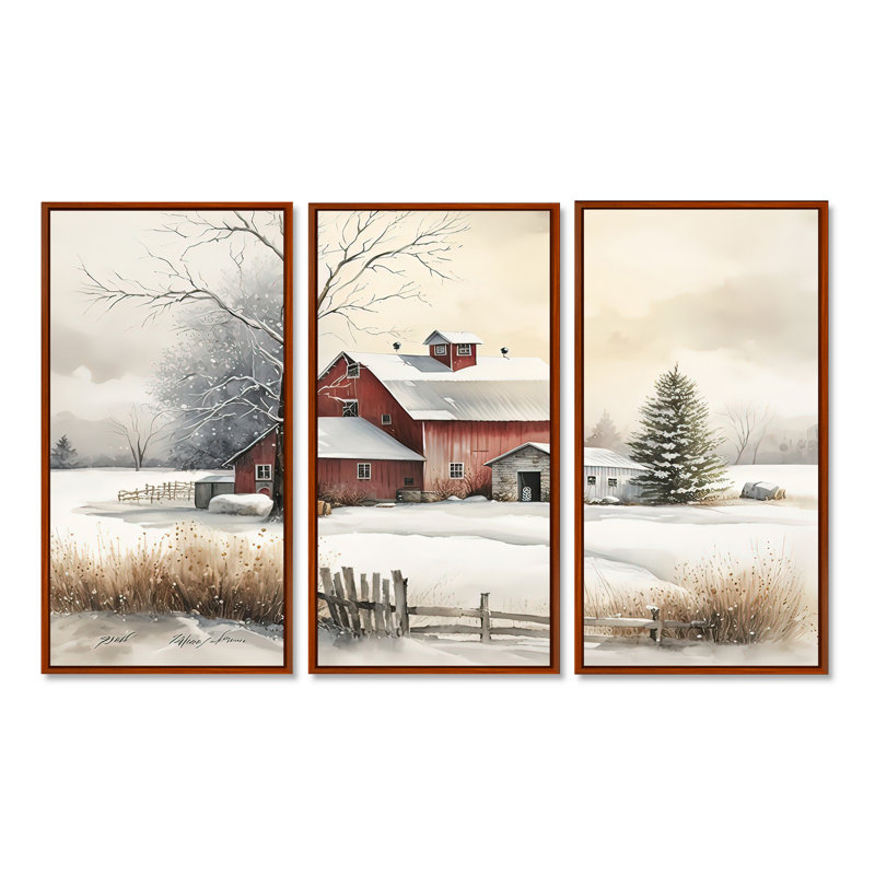 Calm Red Barn In Winter IV - 3 pièces sur toile, H 40 po x l 60 po, Cadre flottant brun