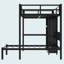 Lit superposé simple au dessus d'un lit simple en métal avec bureau, bibliothèque, tablettes de rangement et garde-robe, noir