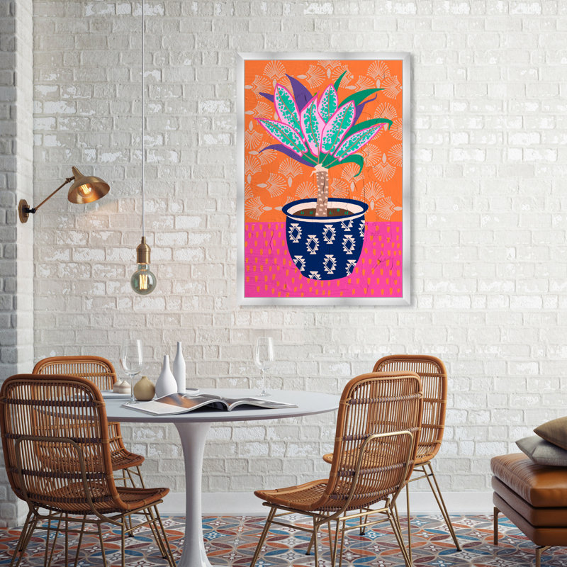 Pot de plantes à motif coloré - peinture sur papier, H 38 po x l 26 po, Papier avec cadre argenté