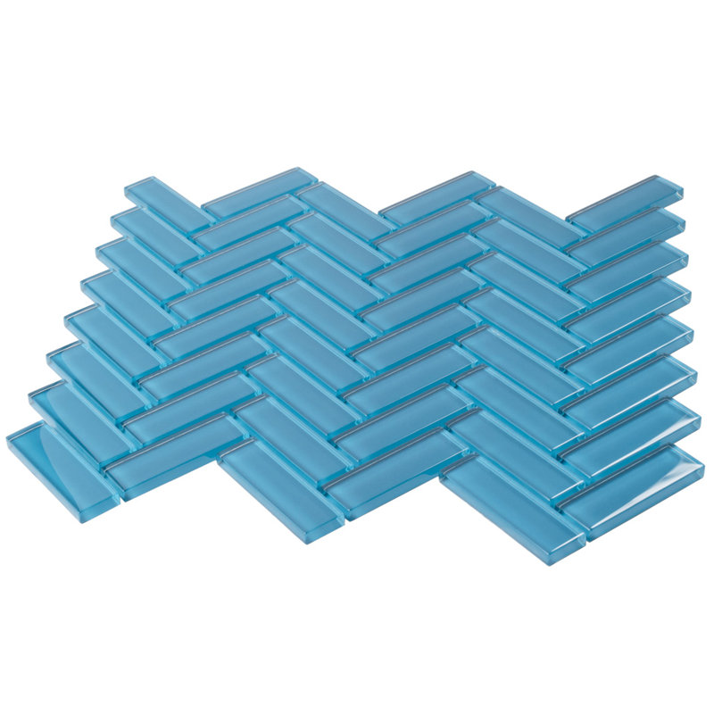 11"X 12.6" Herringbone Polished Glass Mosaic Tile, Sky Blue