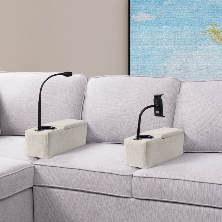 Sofa Armrest with Cupholder,Large Storage Couch Armrest with Removable Phone Stand&Reading,Beige