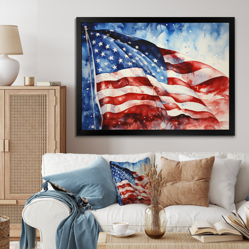 Drapeau américain, drapeau I, impression sur toile encadrée, H 16 po x l 32 po x P 1 po, Cadre simple noir