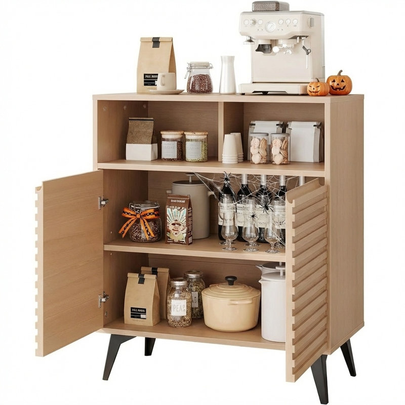Modern Fluted Sideboard Buffet Cabinet with Adjustable Shelves & Metal Legs – 2-Door Storage Cabinet for Dining Room, Kitchen, Entryway & Coffee Bar