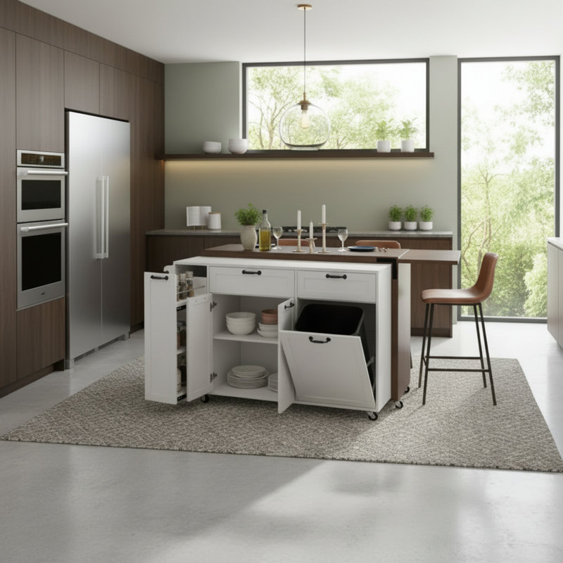 This Minimalist White Kitchen Island Features A Retractable Dining Table, Storage Cabinets, And A Three-Tiered Spice Rack. It's Wheeled, Portable, And Boasts A Beautiful, Practical, And High-Quality Design.