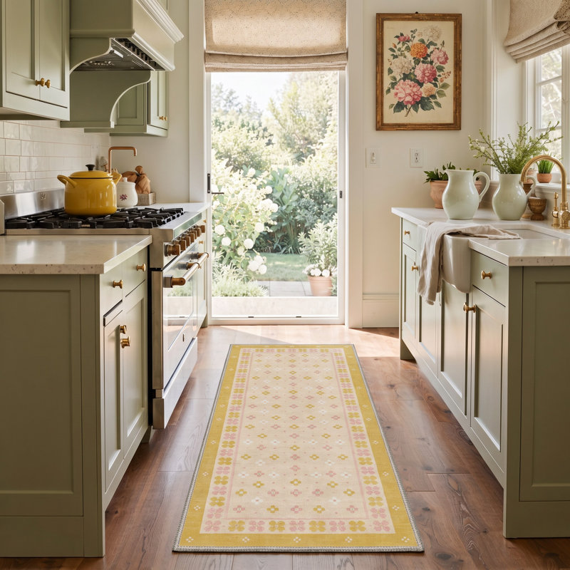 Tapis de couloir floral jaune / ivoire lavable à la machine avec envers antidérapant, Tapis de couloir 2 pi x 6 pi