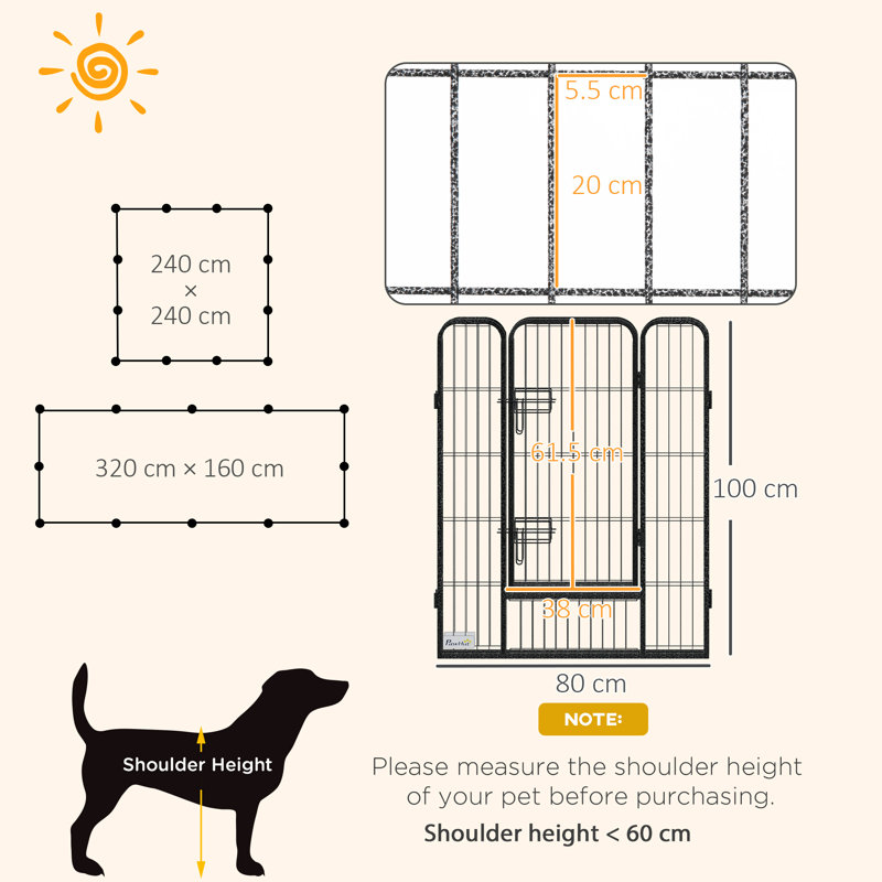 Panel Steel Pet Barrier With Door, 100cm H x 320cm W x 160 cm D