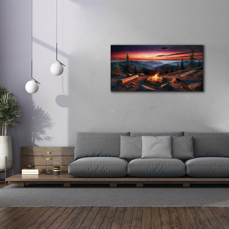 Art mural sur toile Gracesyn, "Campfire In Mountains At Sunset" par Rey Klimt, H 30 po x l 60 po