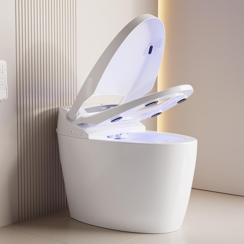Smart Elongated One-Piece Toilet, Heated Bidet Seat, Foot Sensor Flushing, Warm Air Dryer & Remote Control