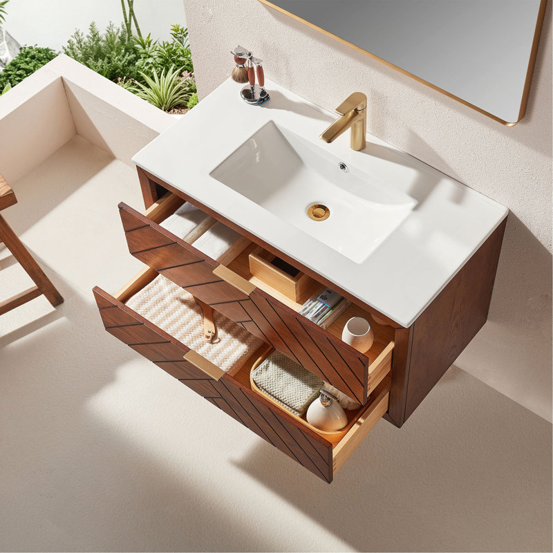 Meuble-lavabo mural simple flottant pré-assemblé de 36 po avec comptoir en céramique à 1 trou