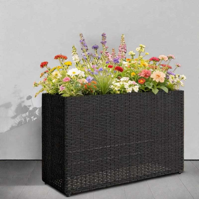 Boîte à fleurs moderne surélevée, en acier et en rotin, peu encombrante pour les balcons