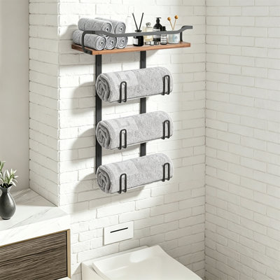 Wall Mounted Towel Rack with Wooden Shelf, Metal Rustproof Towel Organizer for Bathroom Storage, Matte Black