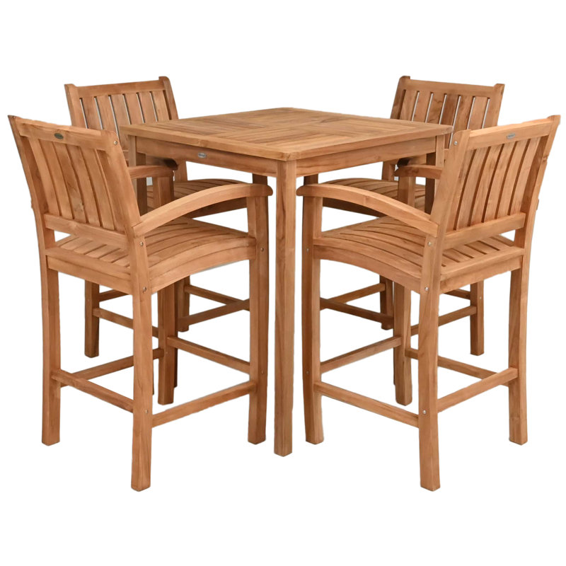 Teak Wood Bar Set Including Square Bistro Bar Table And Abacho Barstools With Arms, 4, 43" H x 35" L x 35" W