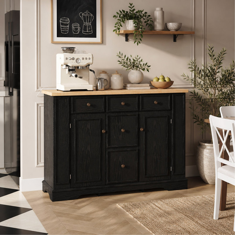 Buffet avec rangement, console de cuisine avec 5 tiroirs, 2 armoires, tablettes réglables, buffet pour la salle à manger, le salon, le vestibule