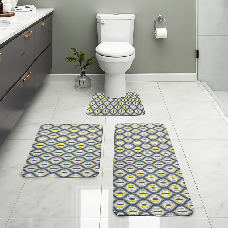 Ensemble de tapis de salle de bain Ikat 3 pièces en U et tapis rectangulaires gris jaune blanc