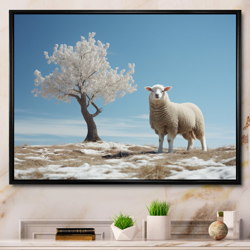 Sheep Minimalist Solitude - impression, H 30 po x l 40 po x P 1,5 po, Cadre flottant noir