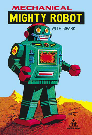 « mecanique mighty robot », affiche rétro, H 30 po x l 20 po, Bleu / vert