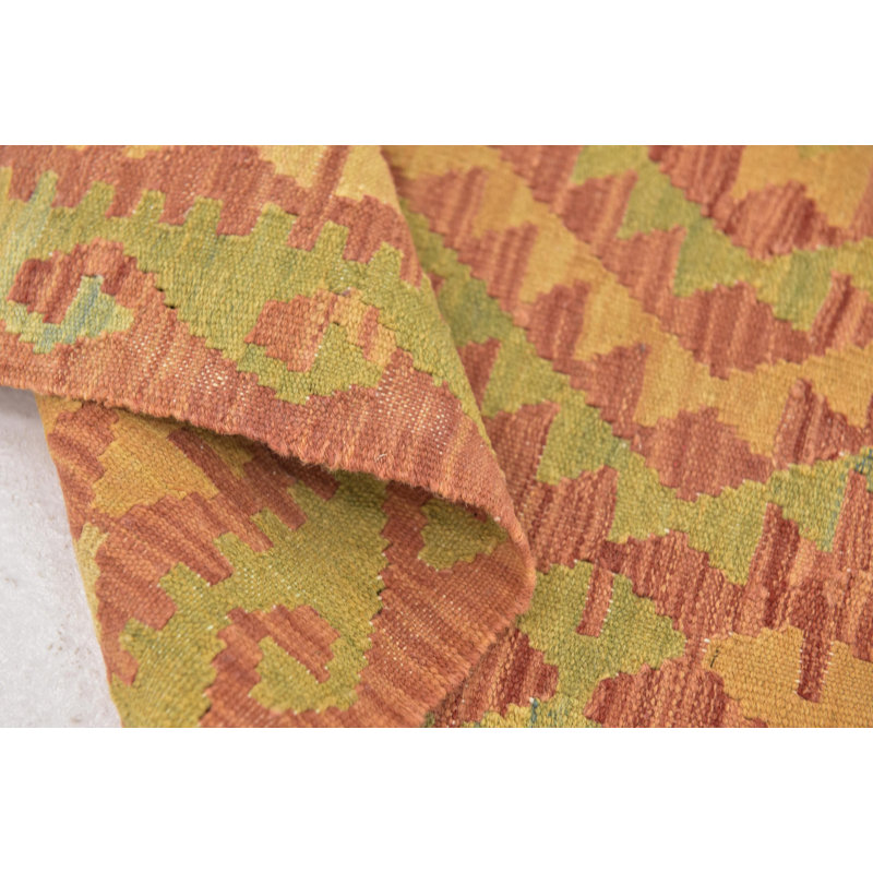 Tapis de zone en laine vert/orange 2 pi 9 po x 4 pi "one-of-kind" -the main noué la Elland