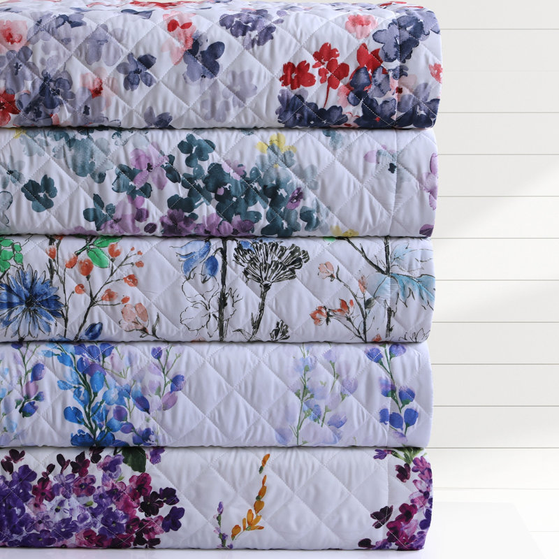 Green Floral Microfiber Full Quilt Set with Shams
