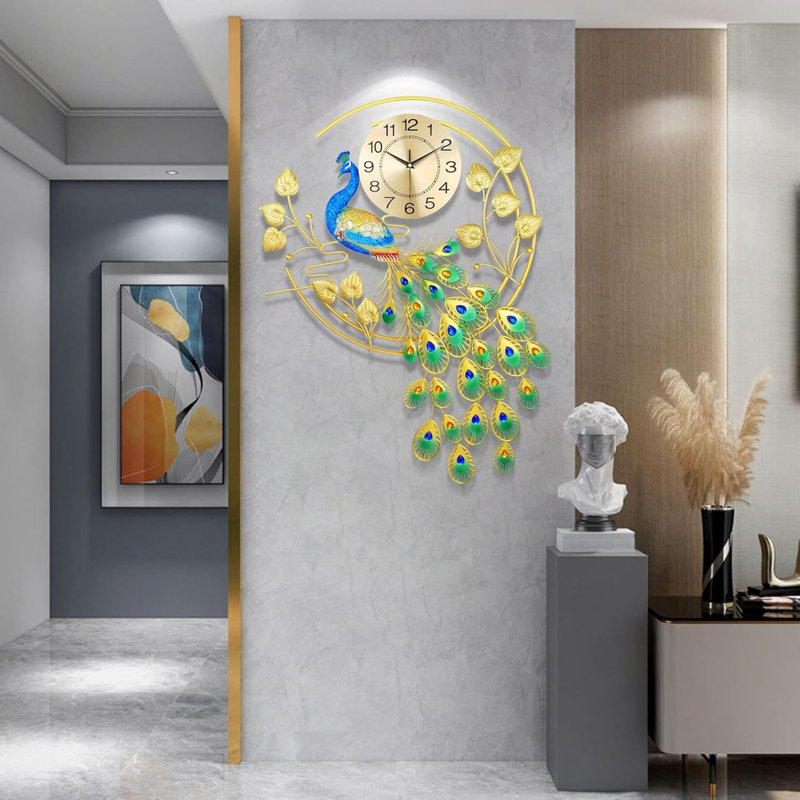 Grande horloge murale paon avec mouvement silencieux, horloge décorative en métal de luxe 3D pour le salon, la chambre à coucher et la salle à manger