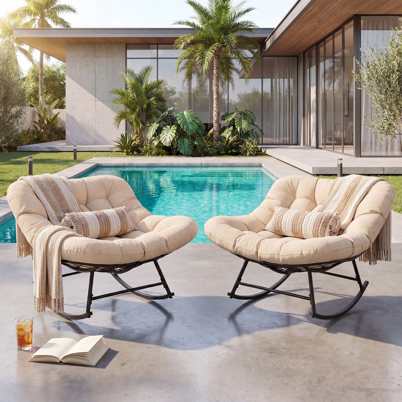 Fauteuil à bascule 2 pièces en métal, chaise longue moderne d'intérieur / extérieur avec coussins ergonomiques épais de 6,29 po (kaki)