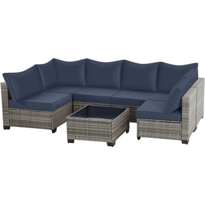 Ensemble de canapé modulaire 7 pièces gris et bleu en rotin et osier toutes saisons, canapé d'extérieur avec coussins épais et table en verre