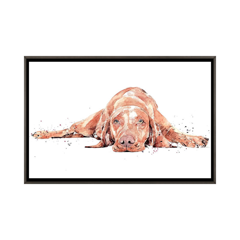 Vizsla Flat Out par EdsWatercolours - Imprimé, Toile encadrée de bois rustique foncé, Pas de tapis