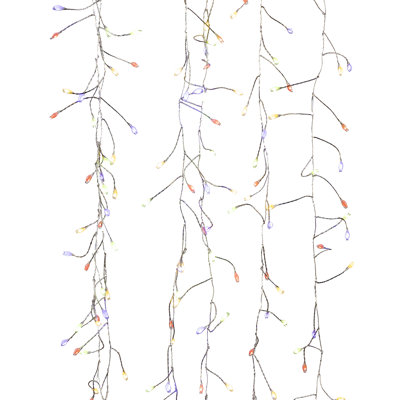 600-Light Multi-Function Electric Firecracker Curtain Light – Dual-Color Warm White and Multi-Color LED Display on Silver Wire with 6 Hanging Drops