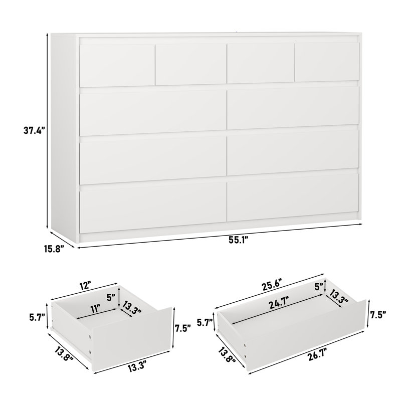 10-Drawer 55.14" Dresser With Drawers In 2 Sizes, White
